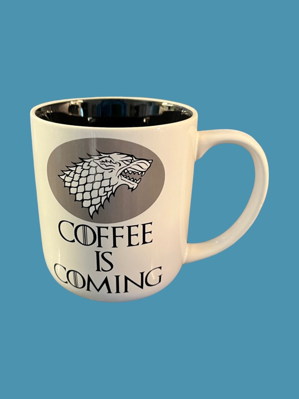 Coffee Is Coming Ceramic Funny Thrones Mug with Black Interior by Lenny Mud USA